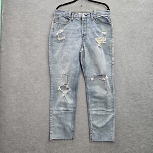 Free People Women Jeans W 30 Light Blue Denim Distressed Straight Leg Button Fly